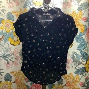 Collar button up black floral top